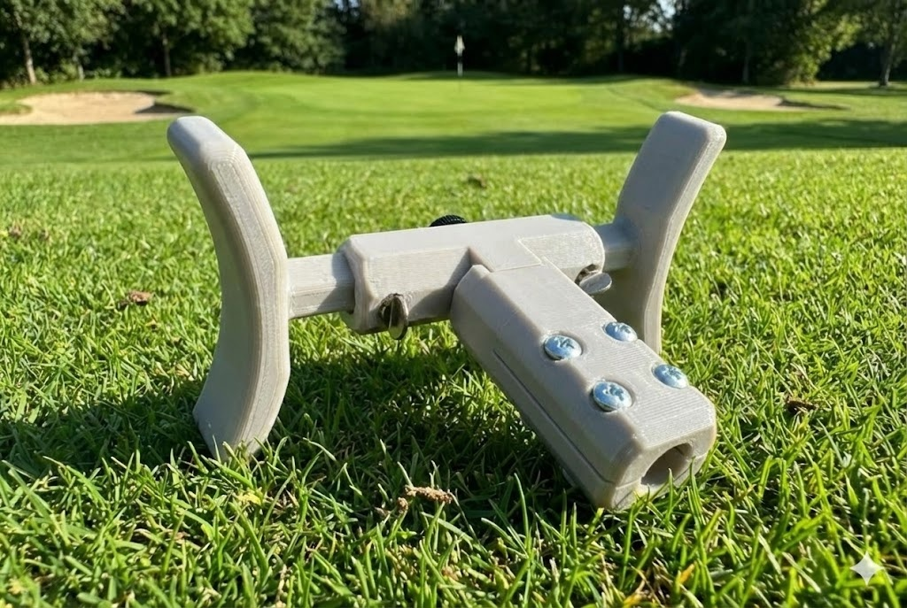 SteadyArc putting aid device on golf green showing arm braces and mounting hardware