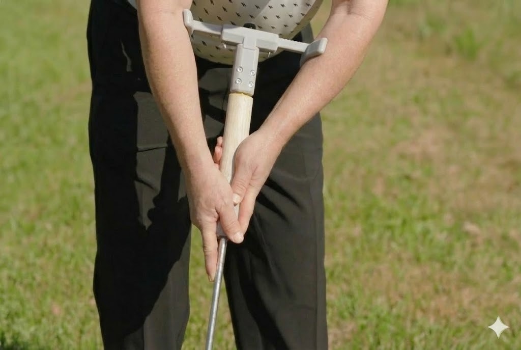 Golfer demonstrating proper putting technique with SteadyArc putting aid showing stabilized arm position